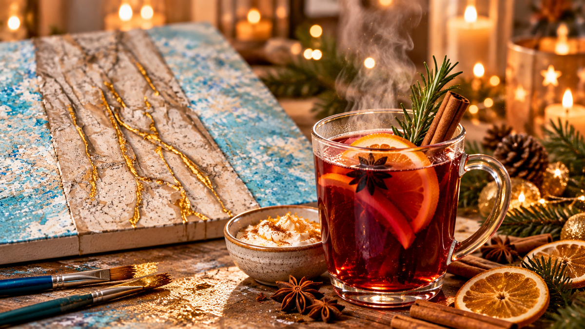 dampfender Punsch und fertiges Kunstwerk in weihnachtliche Stimmung