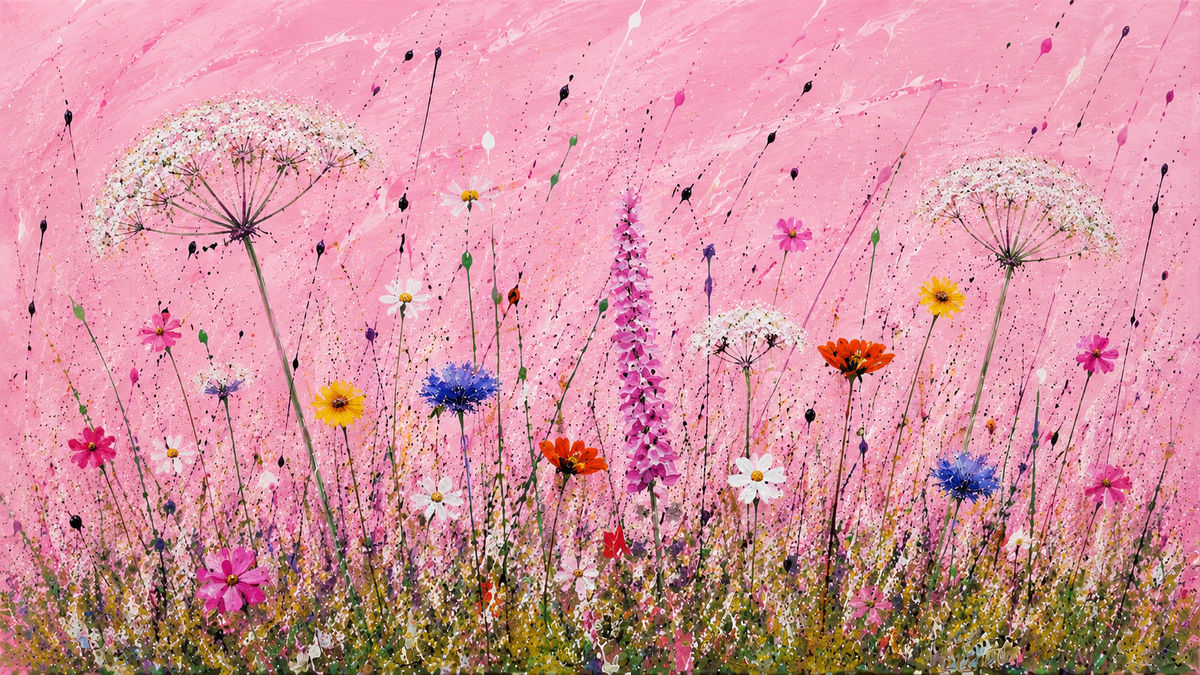 Abstrakte Blumenwiese auf rosa Leinwand mit bunten Blüten und Gräsern und feinen Farbspritzern