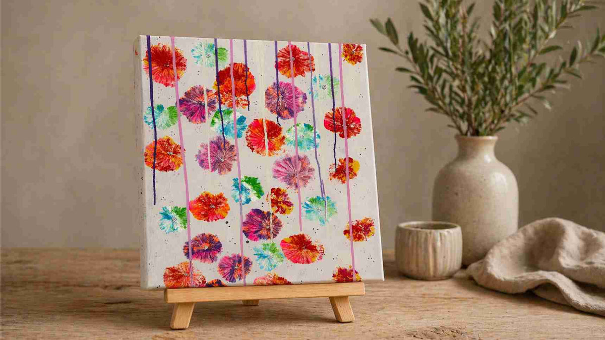 Kunstwerk abstrakte Blumen mit kunstvollen Farbläufern auf Staffelei