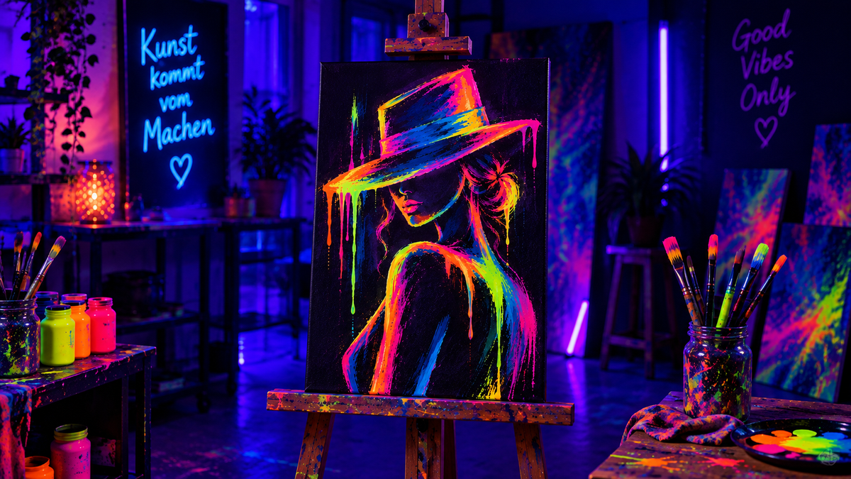 Leinwand mit Neon Dame mit Hut