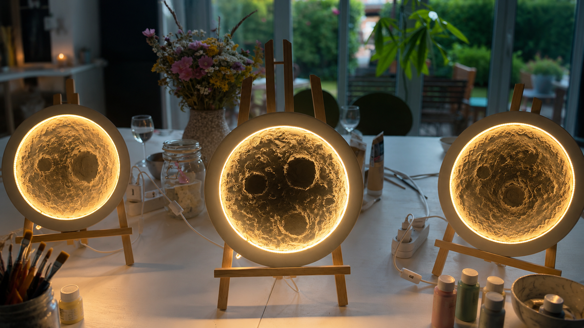 3 verschiedene,  leuchtende Mondlampen aus Workshop Mondlampe im Atelier Einzigmacherei  in Norderstedt von Teilnehmern.