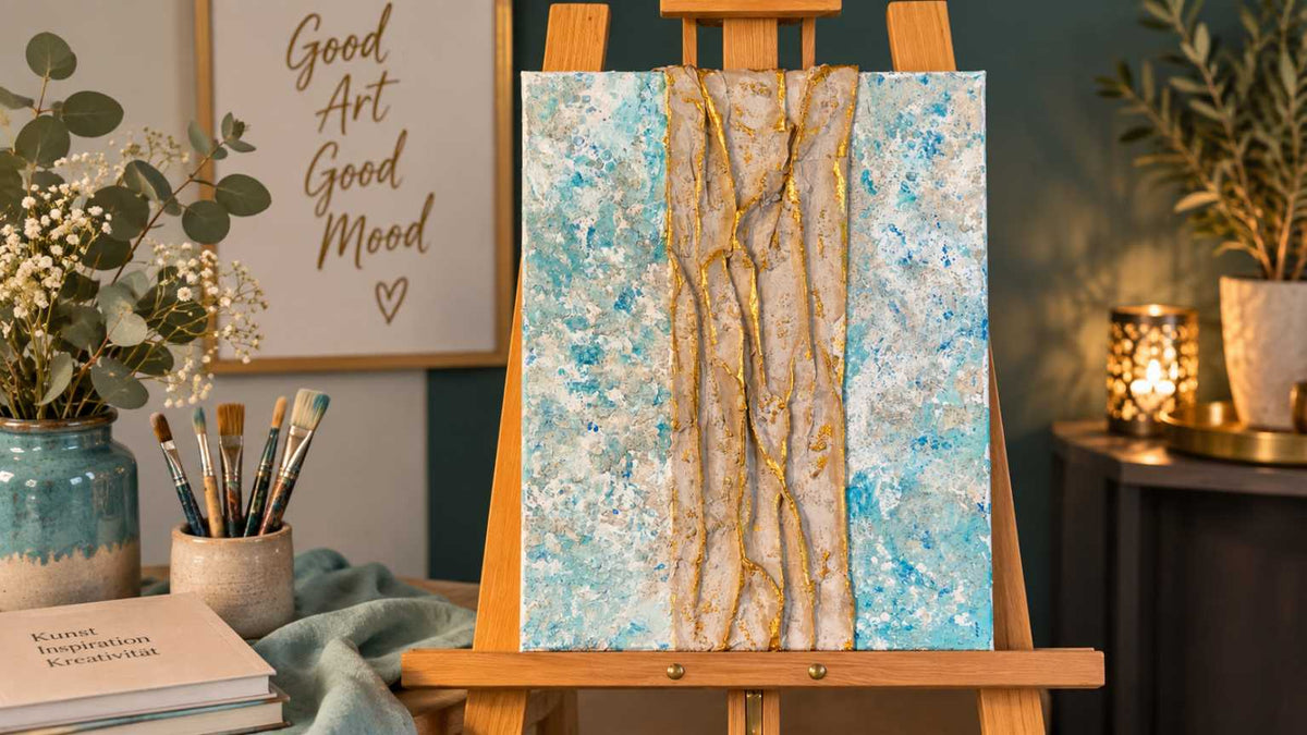 Leinwand aus Workshop Kunst und Punsch, türkis Farbtöne und gold Akzente auf Struktur