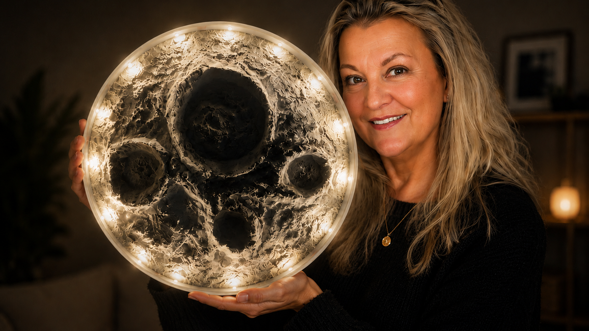 Selbst gestaltete Mondlampe mit LED-Licht und realistischer Mondstruktur, im Mondlampen-Workshop der Einzigmacherei in Norderstedt