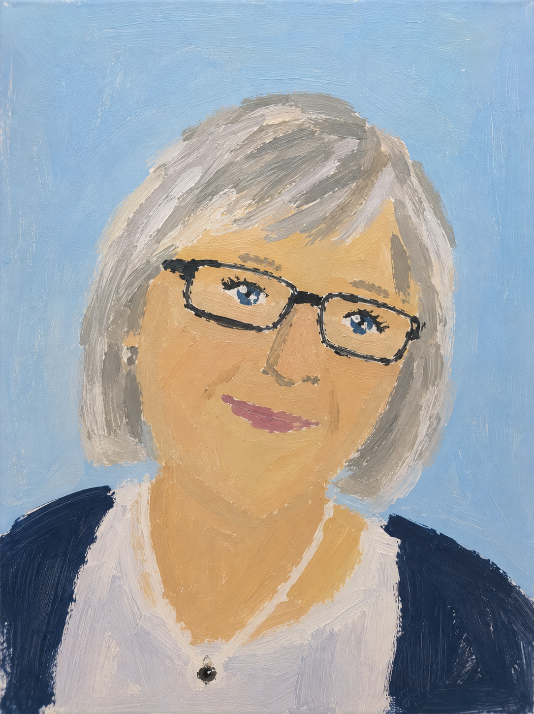 Frau mit grauen Haaren im Workshop Face to Canvas gemalt, Hintergrund hellblau