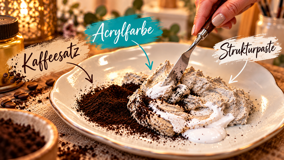 Strukturpaste wird mit Acrylfarbe und Kaffeesatz hergestellt