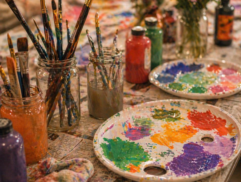 Tisch mit benutzten Pinsel und Farben auf  Workshop