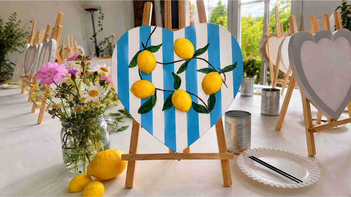Workshop Zitronen auf Keraflott auf Leinwand mit Hintergrund blau weiße Streifen