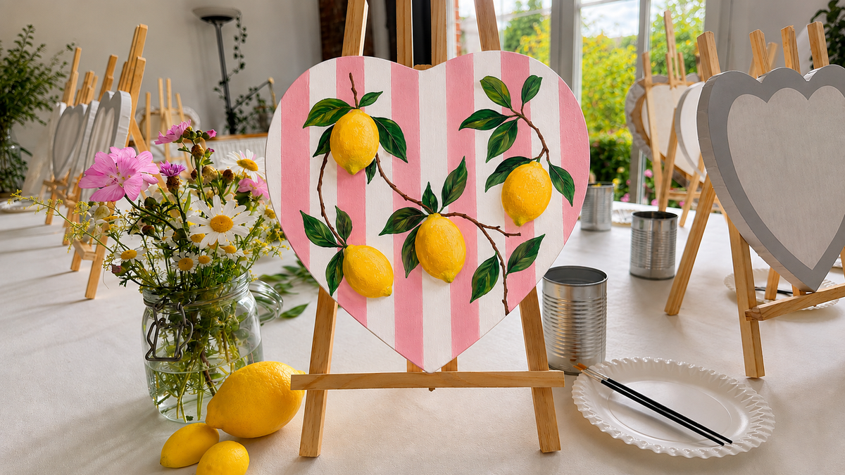 weiß rosa gestreifter Hintergrund mit Zitronen, Ästen und Blätter im Workshop